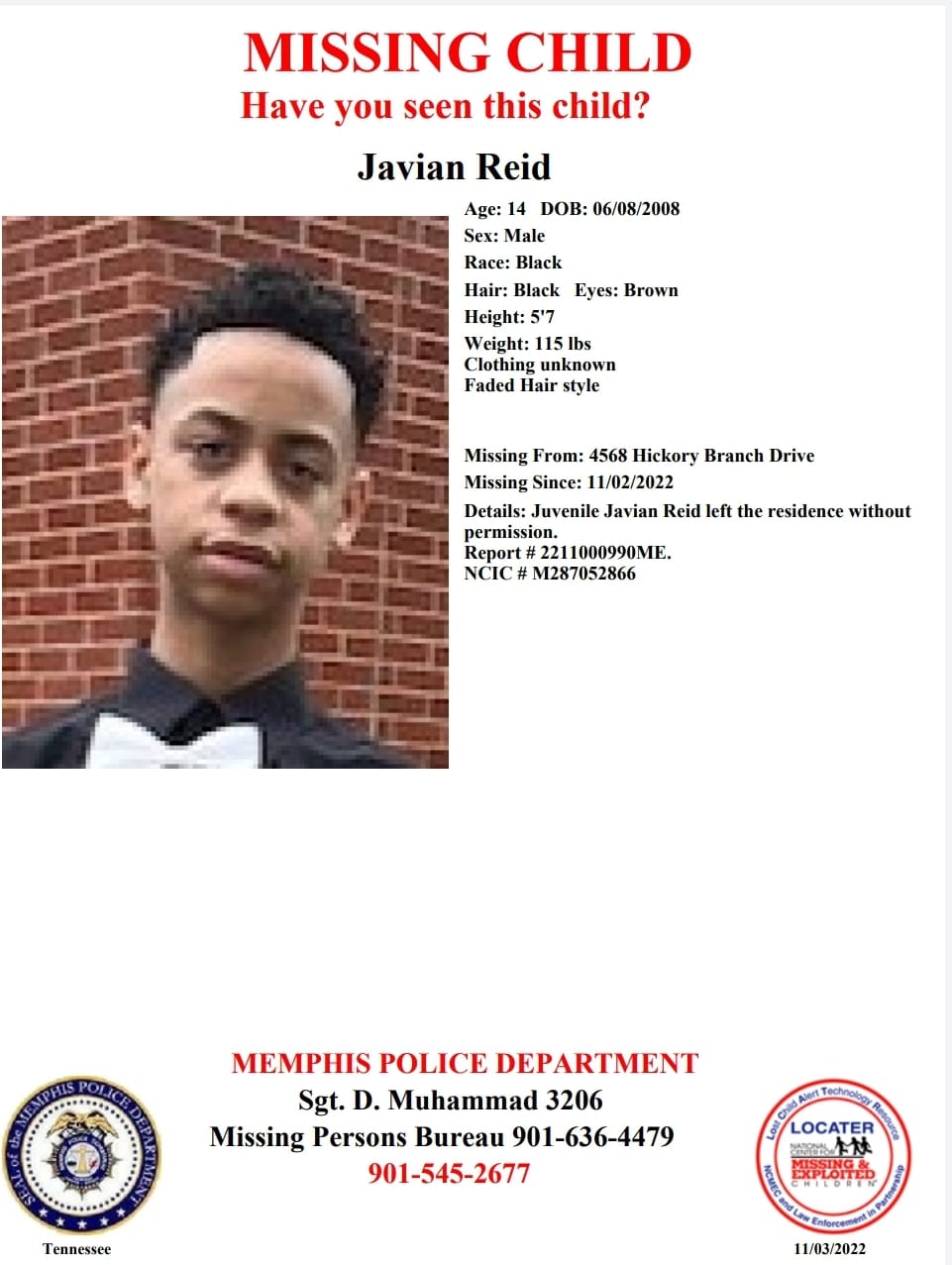 Javian Reid MPD Poster – 2022-11-02 – Memphis TN – West TN