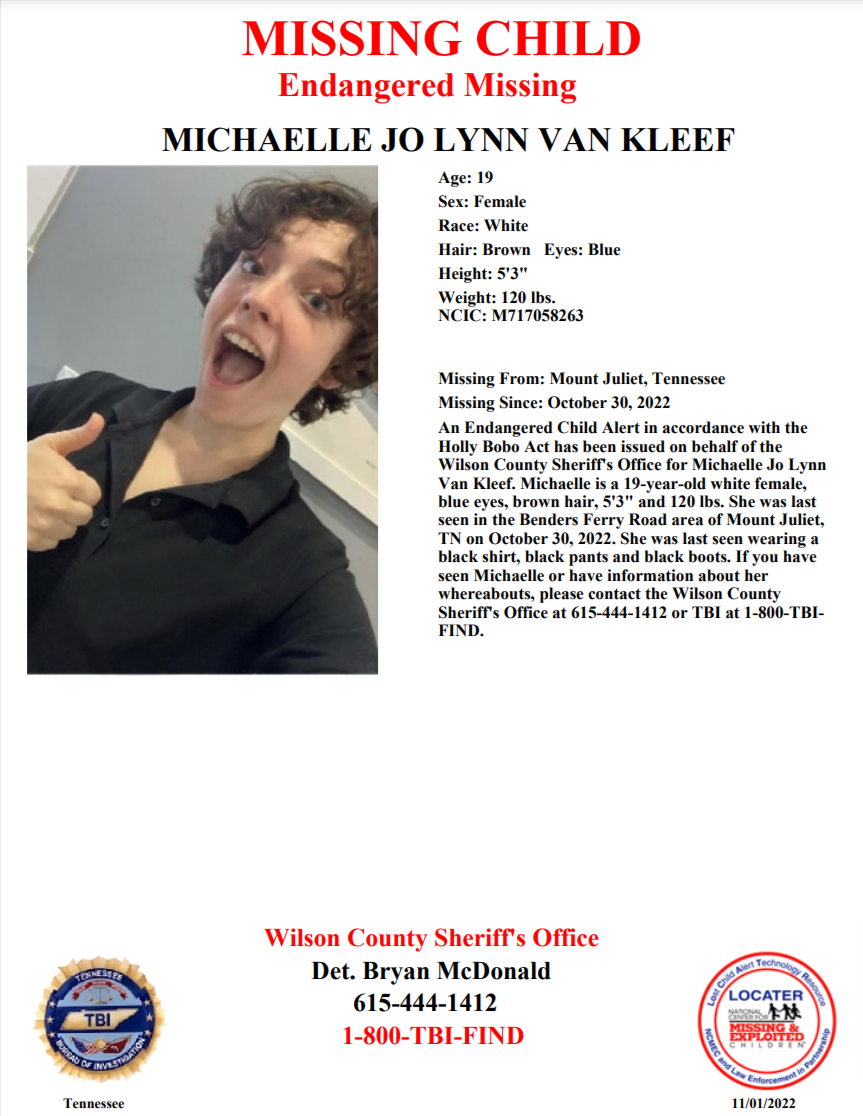 Michaelle Jo Lynn Van Kleef TBI Poster 2022-10-30 - Mt Juliet TN - Middle TN
