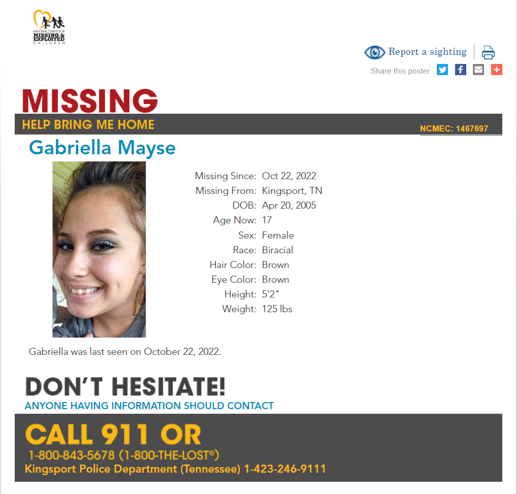 Gabriella Mayse NCMC1467697c1 poster 2022-10-22 - Kingsport TN - East TN