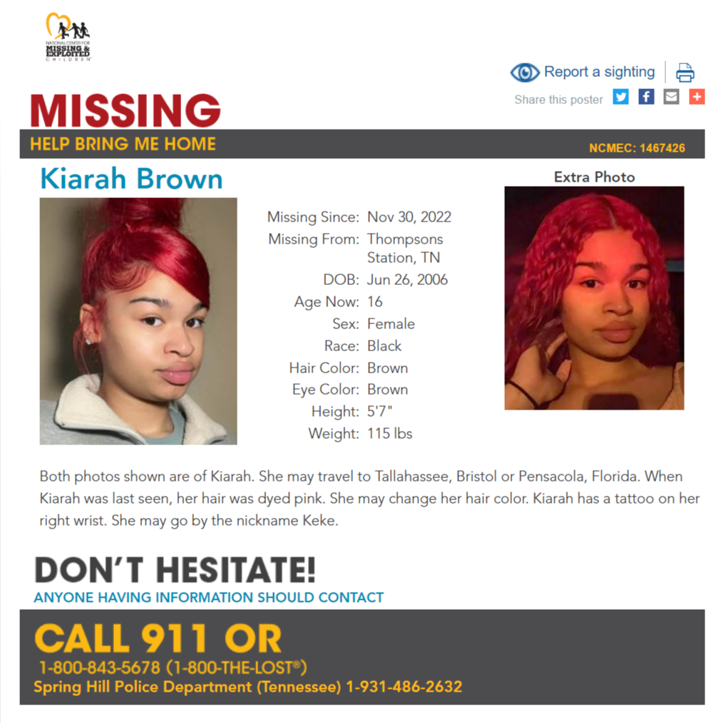 Kiarah Brown NCMC1467426c1 poster 2022-11-30 - Thompsons Station TN - Middle TN