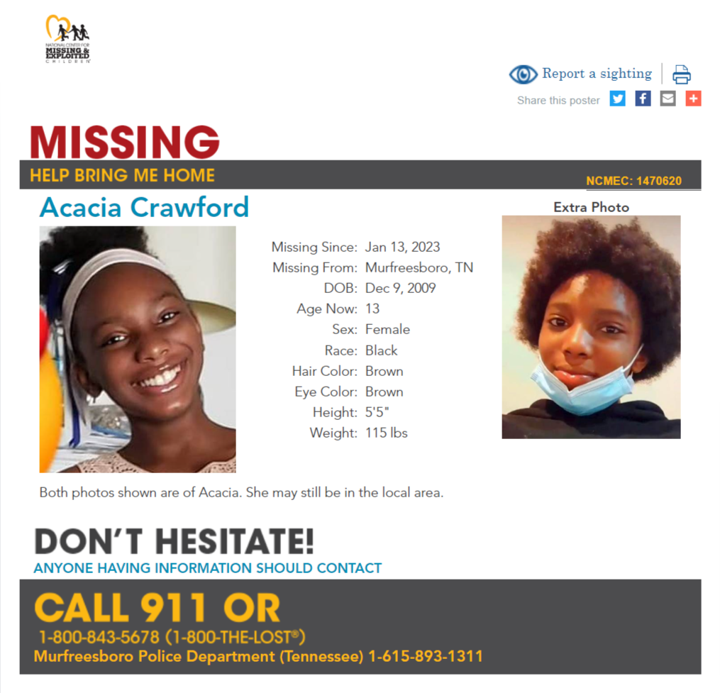 Acacia Crawford NCMC1470620c1 poster 2023-01-13 Murfreesboro TN - Middle TN