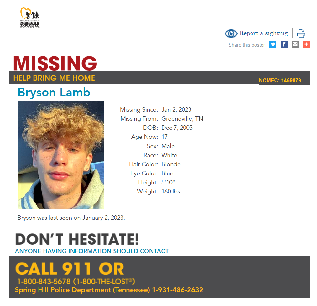 Bryson Lamb NCMC1469879 poster 2023-01-02 - Greeneville TN - East TN
