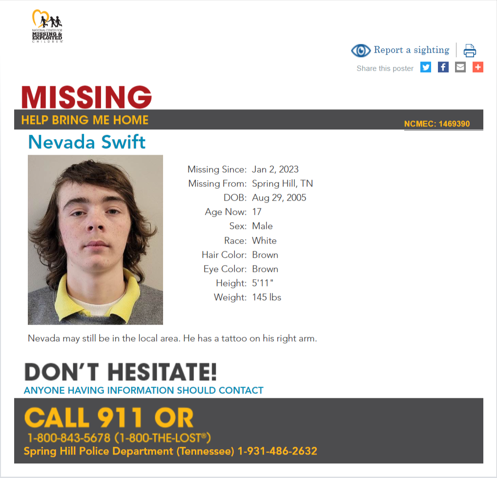 Nevada Swift NCMC1469390c1 poster 2023-01-02 Spring Hill TN - Middle TN