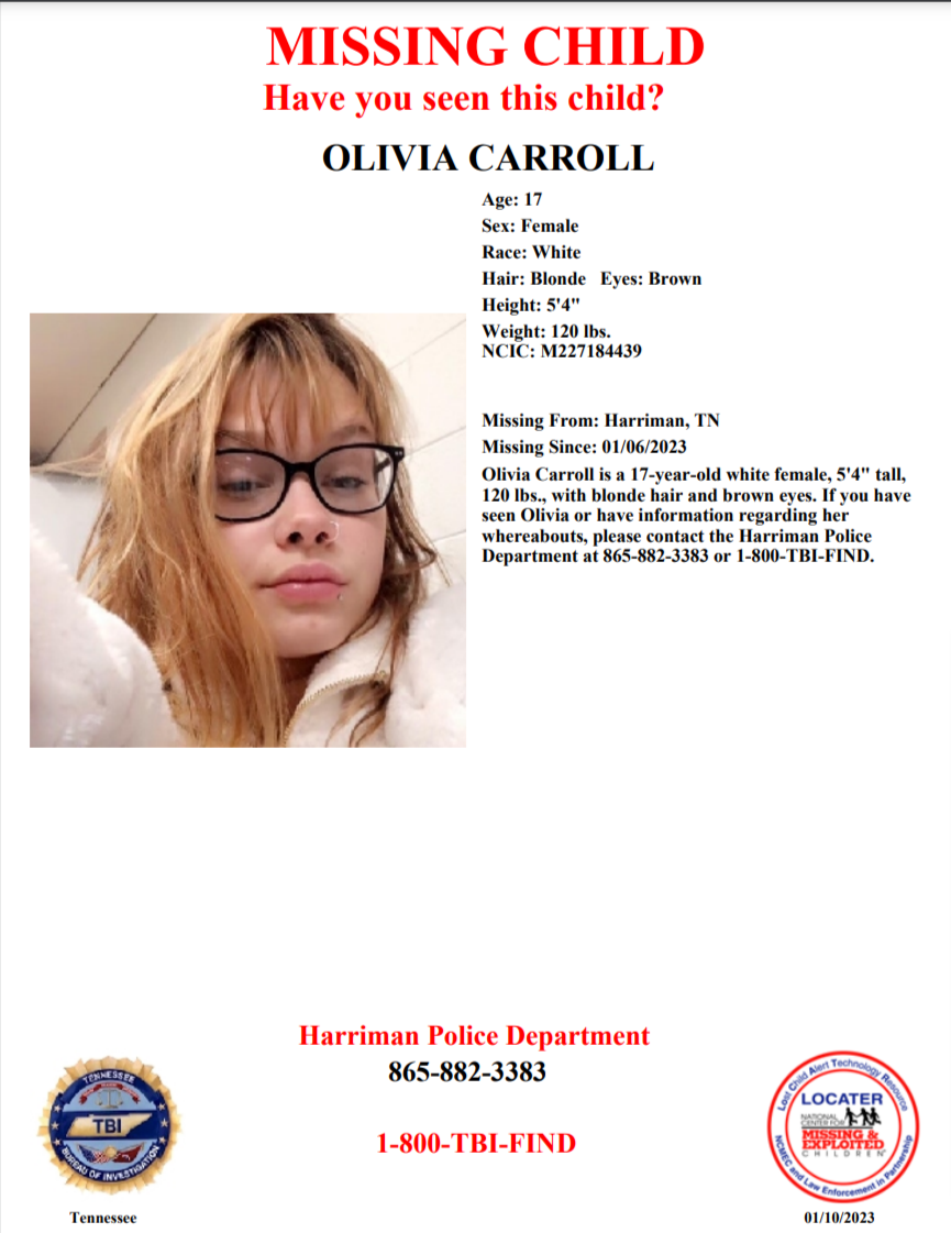 Olivia Carroll TBI poster 2023-01-06 - Harriman TN - East TN