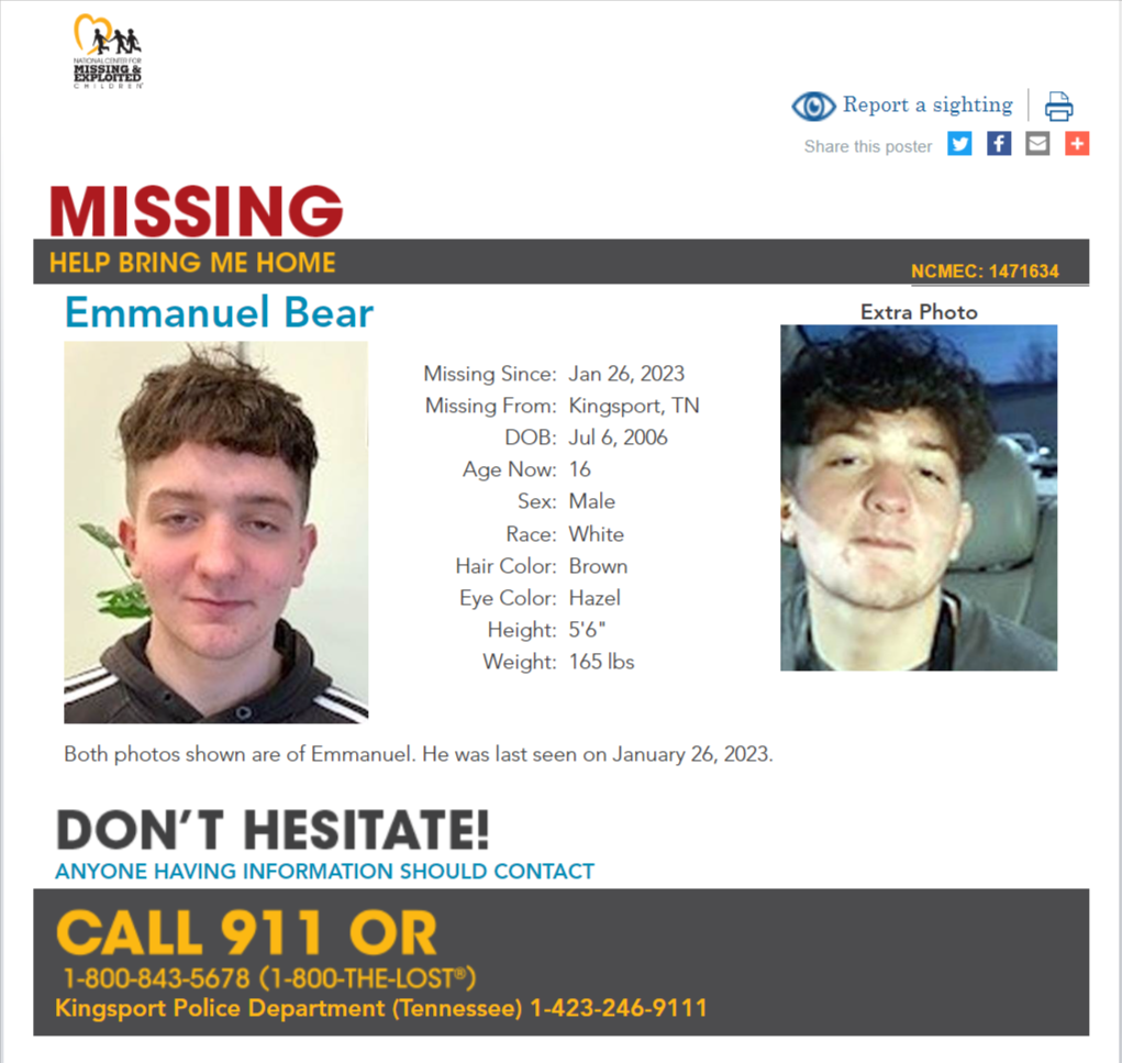 Emmanuel Bear NCMC1471634c1 poster 2023-01-26 Kingsport TN - East TN