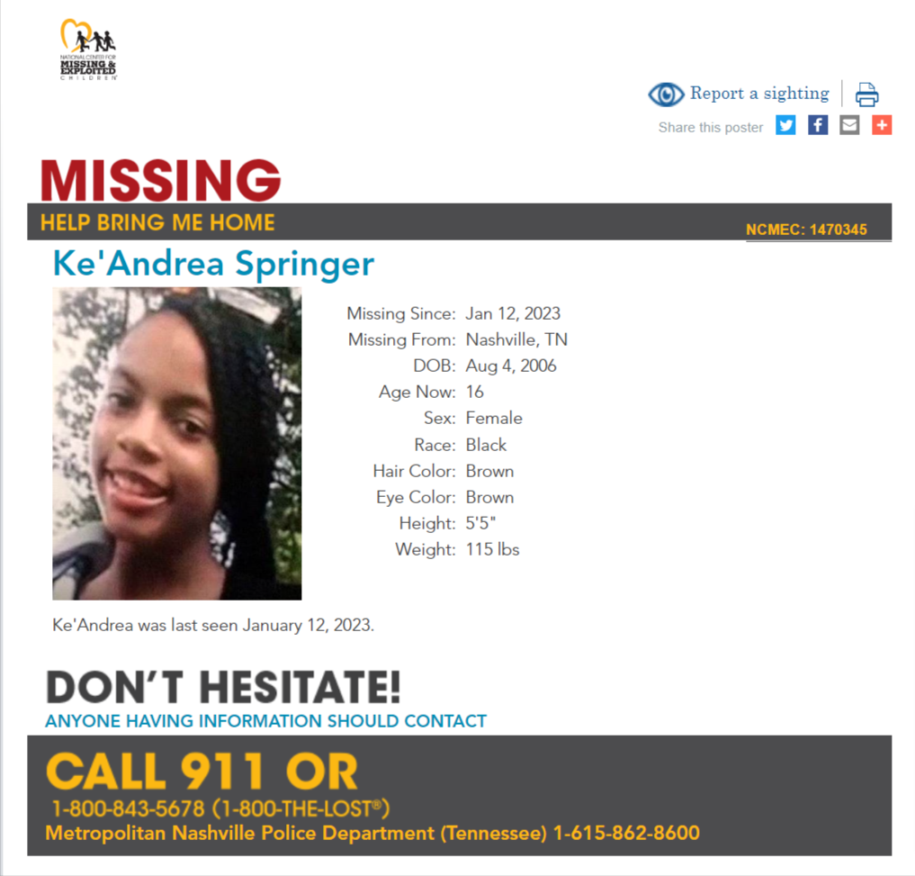 Ke'Andrea Springer NCMC1470345c1 poster 2023-01-12 Nashville TN - Middle TN