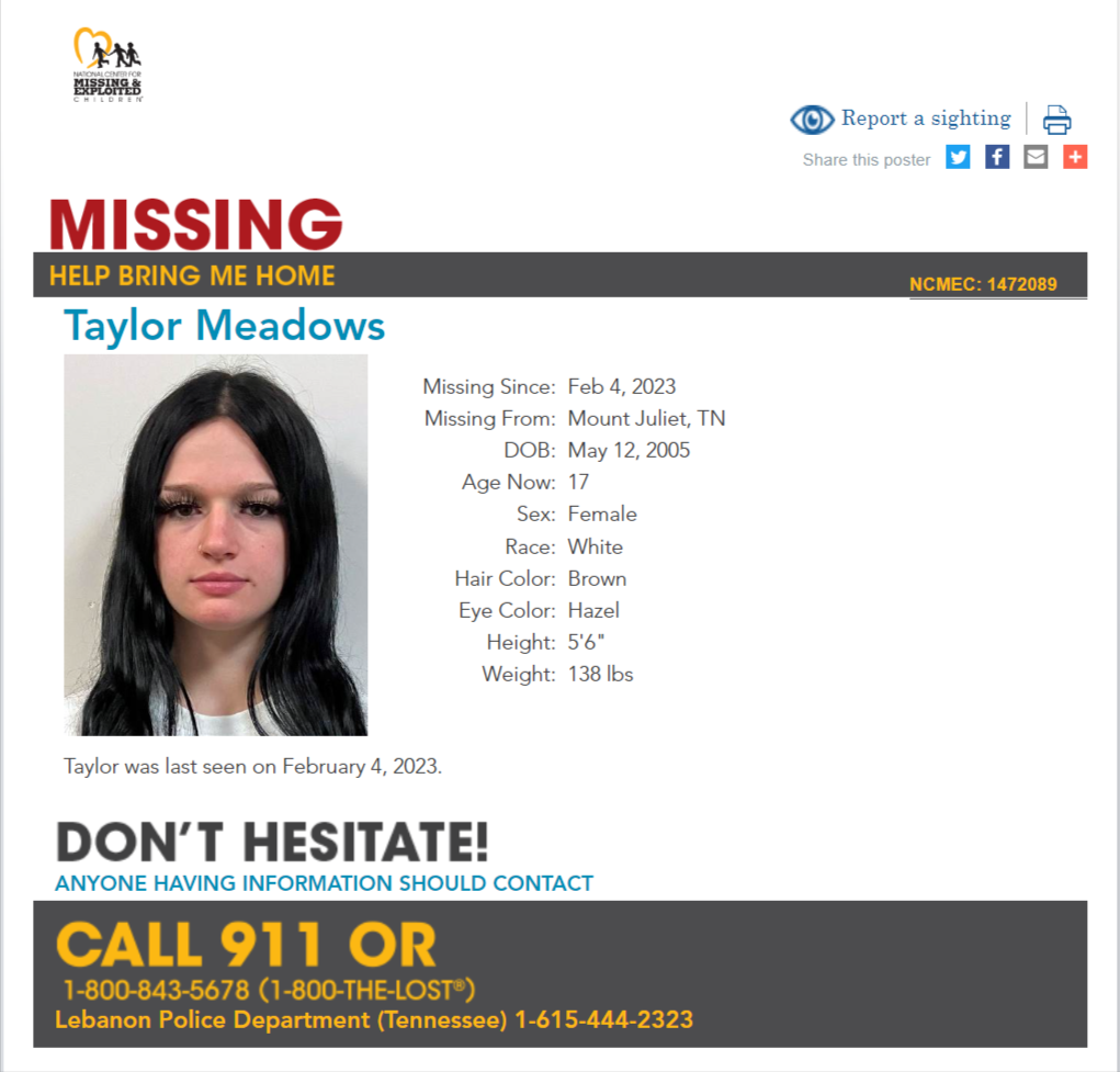 Taylor Meadows NCMC1472089c1 poster 2023-02-04 Mt Juliet TN - Middle TN
