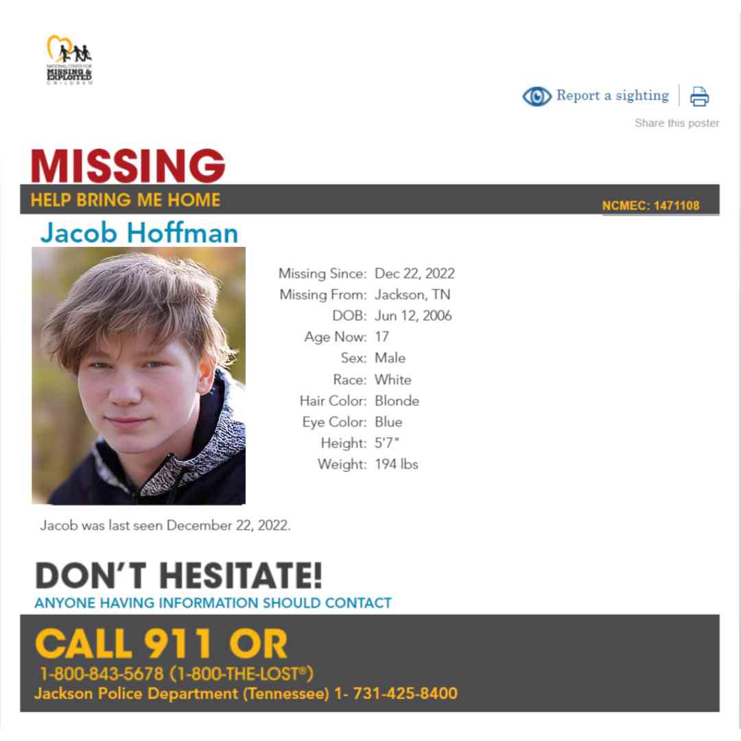 JACOB HOFFMAN - 17YO MISSING JACKSON, TN BOY - WEST TN poster