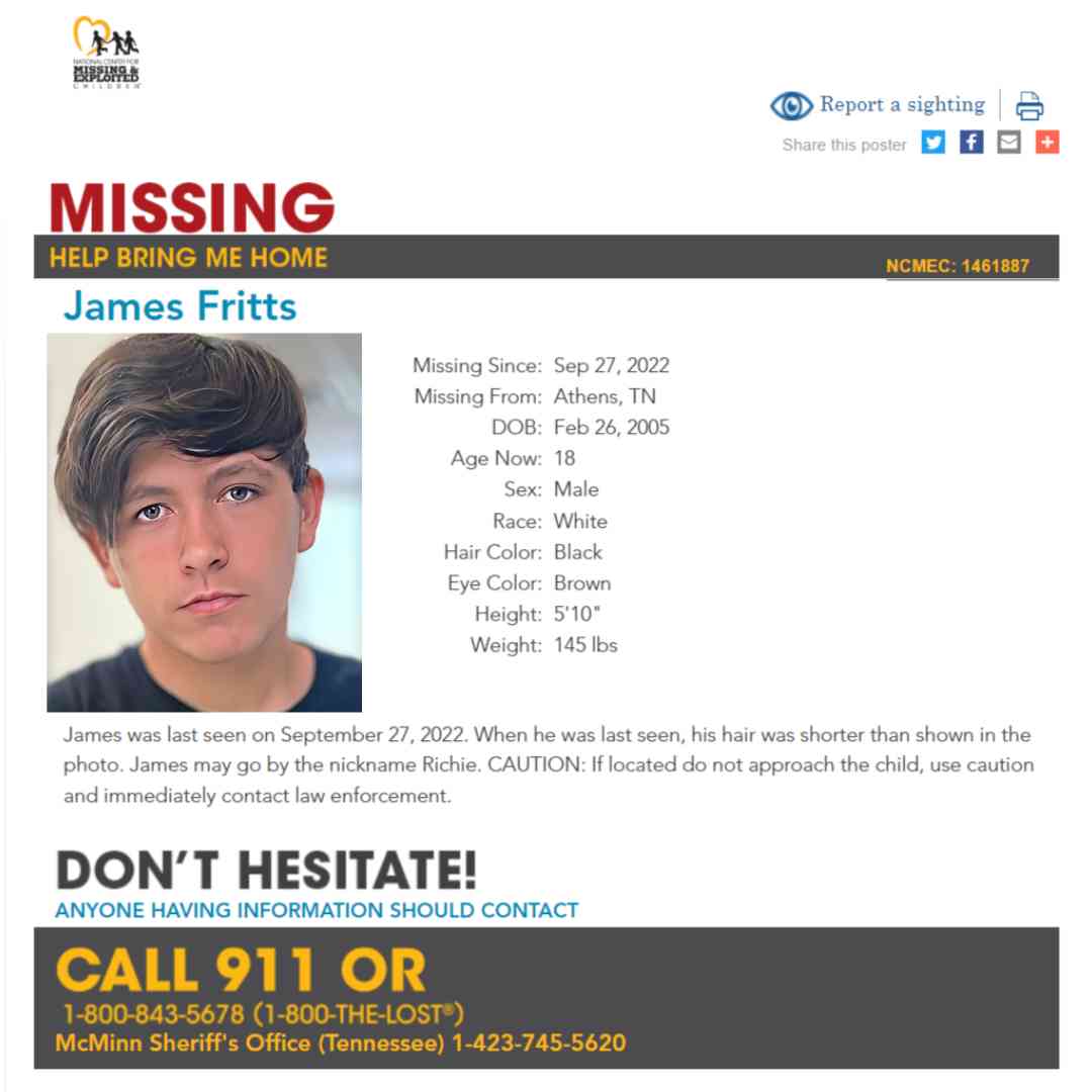 JAMES FRITTS JR - 18YO MISSING ATHENS, TN MALE - EAST TN poster
