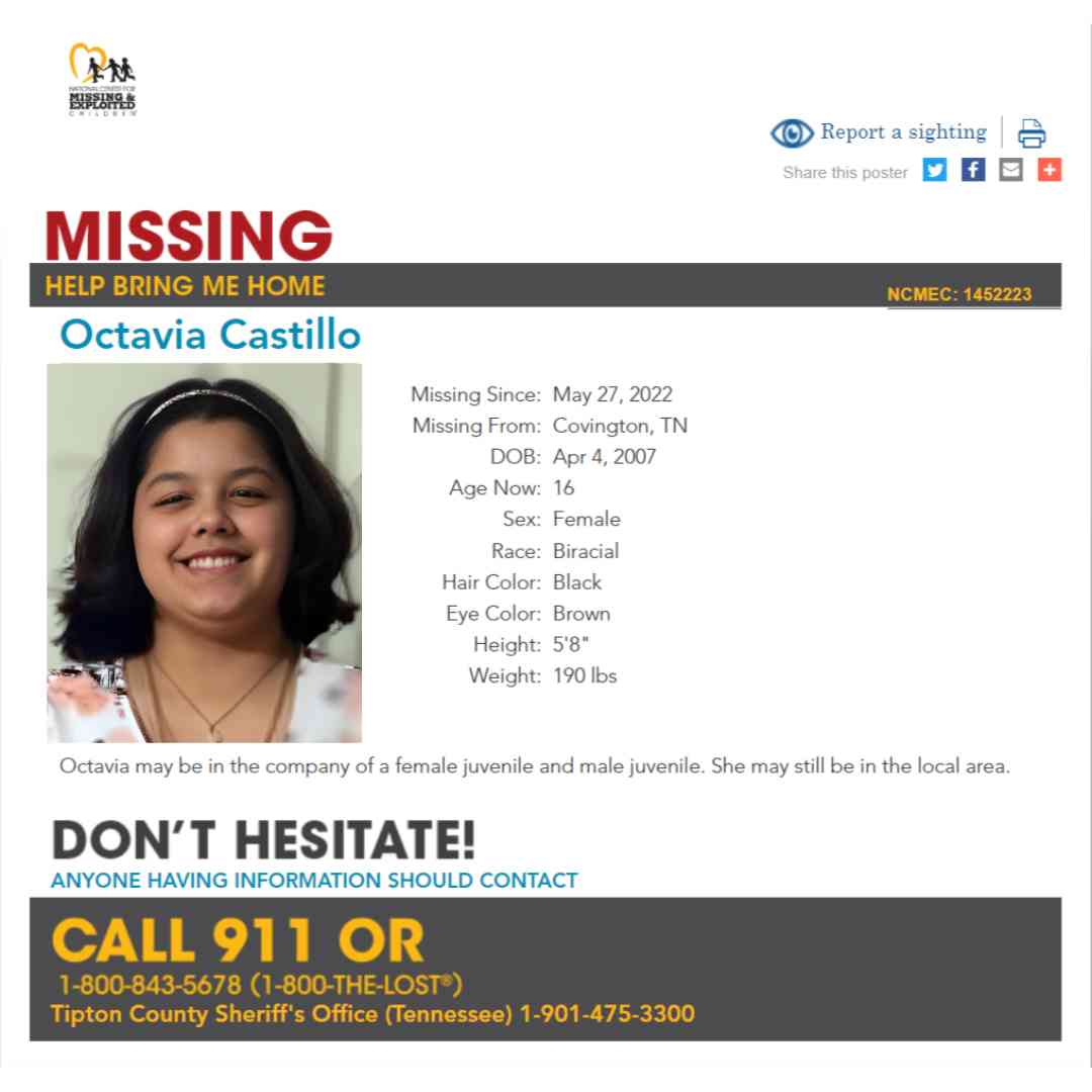 OCTAVIA CASTILLO - 16Y0 MISSING TIPTON COUNTY TN MISSING GIRL - WEST TN poster
