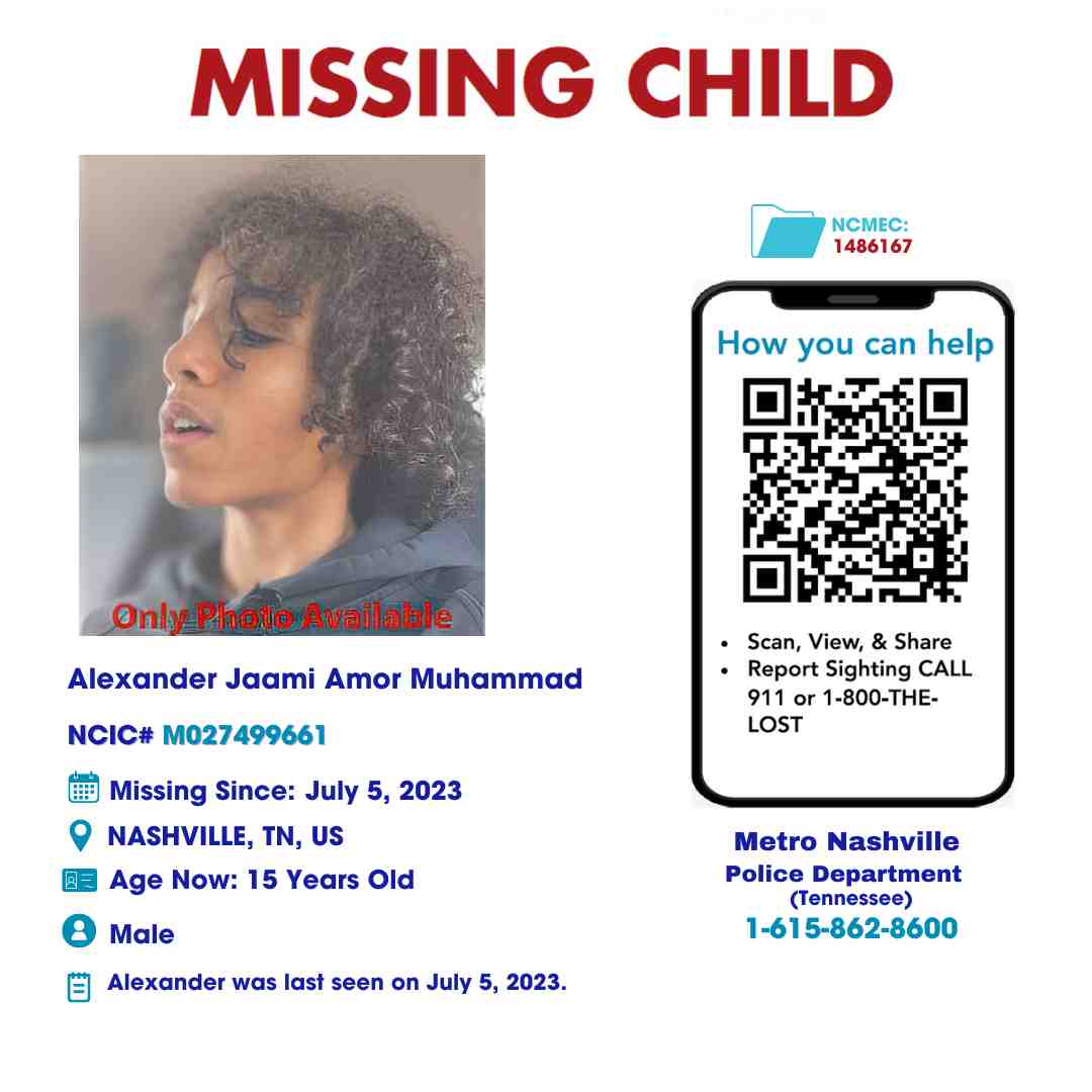 ALEXANDER MUHAMMAD - 15YO MISSING NASHVILLE, TN BOY - MIDDLE TN poster