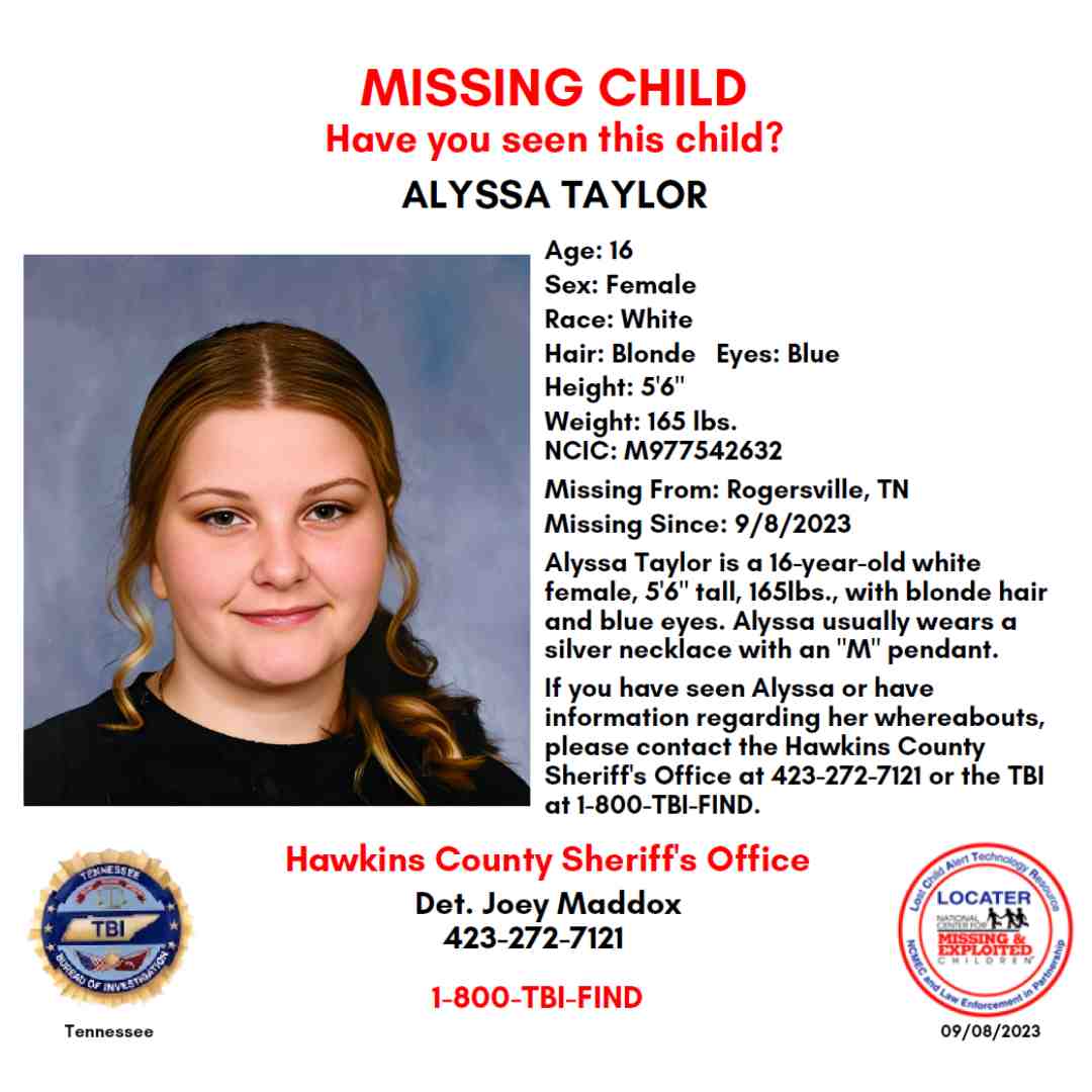 ALYSSA TAYLOR - 16YO MISSING ROGERSVILLE, TN GIRL - EAST TN poster