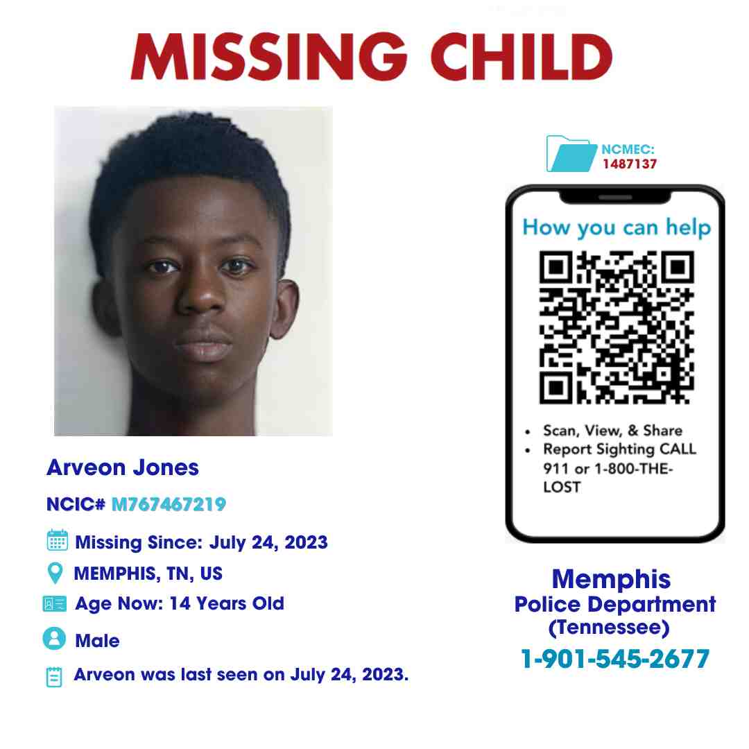 ARVEON JONES - 14YO MISSING MEMPHIS, TN BOY - WEST TN poster