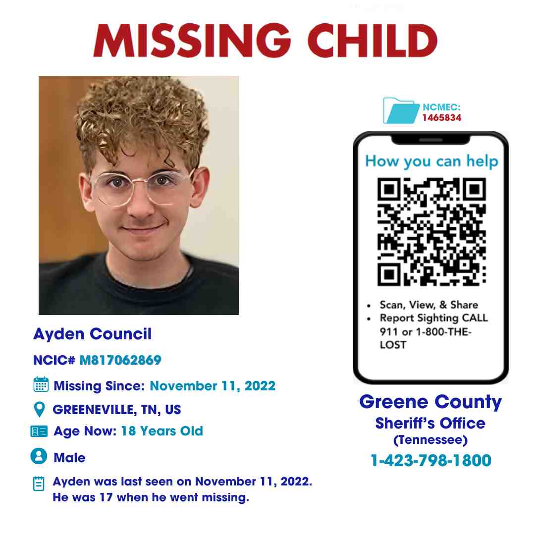 AYDEN COUNCIL - 18YO MISSING GREENE COUNTY, TN MALE - EAST TN poster