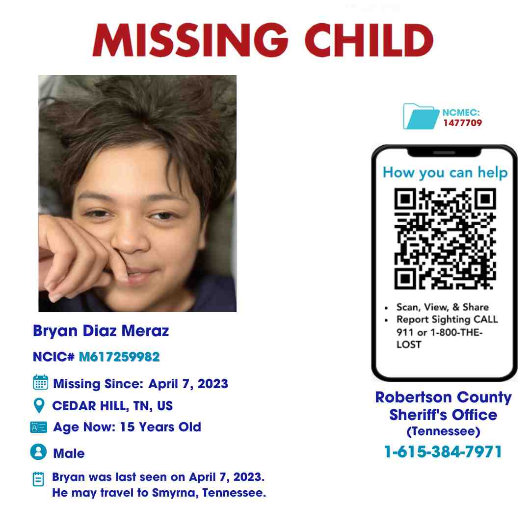 BRYAN MERAZ - 15YO MISSING NASHVILLE, TN BOY - MIDDLE TN poster