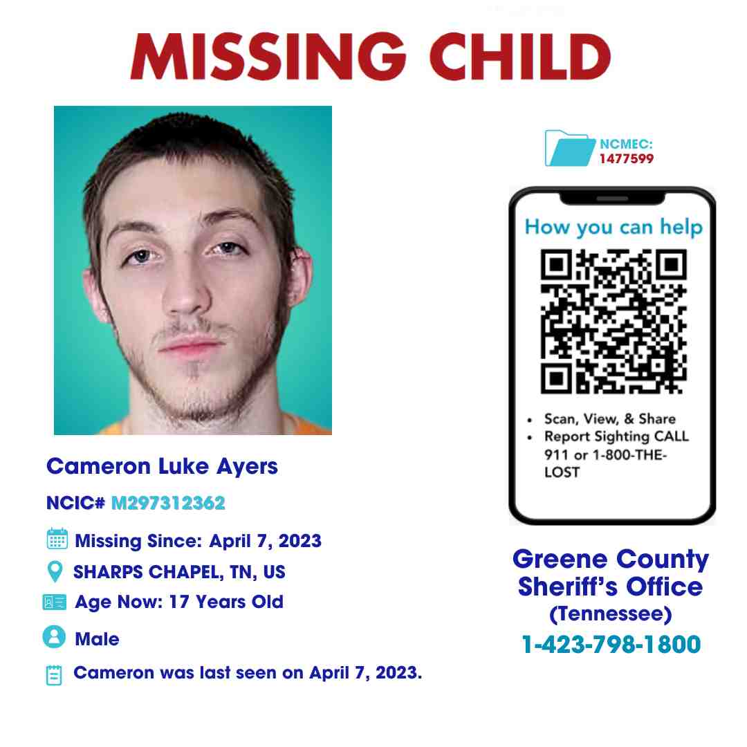 CAMERON AYERS - 17YO MISSING SHARPS CHAPEL, TN BOY - EAST TN poster