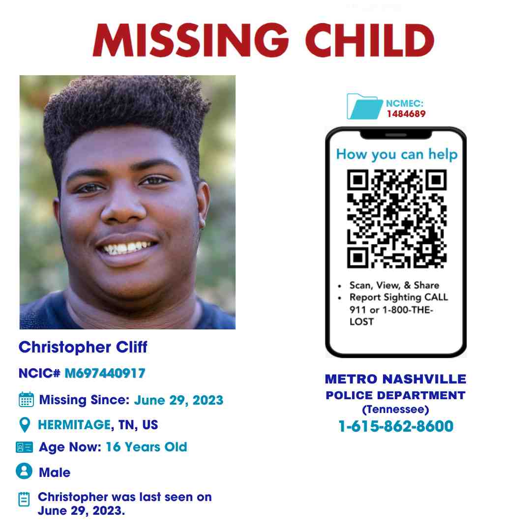 CHRISTOPHER CLIFF - 16YO MISSING HERMITAGE, TN BOY - MIDDLE TN poster