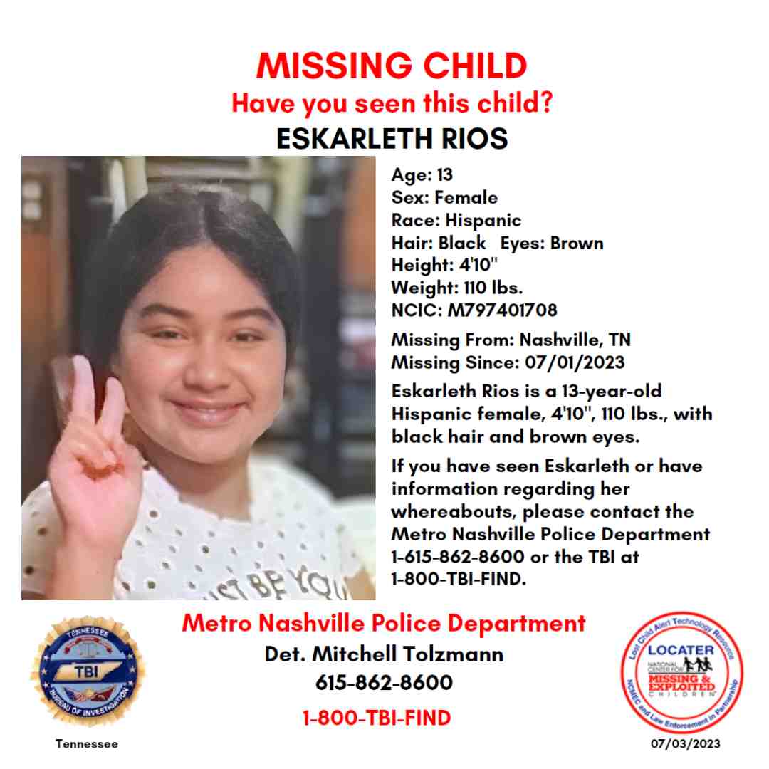 ESKARLETH RIOS - 13YO MISSING NASHVILLE, TN GIRL - MIDDLE TN poster