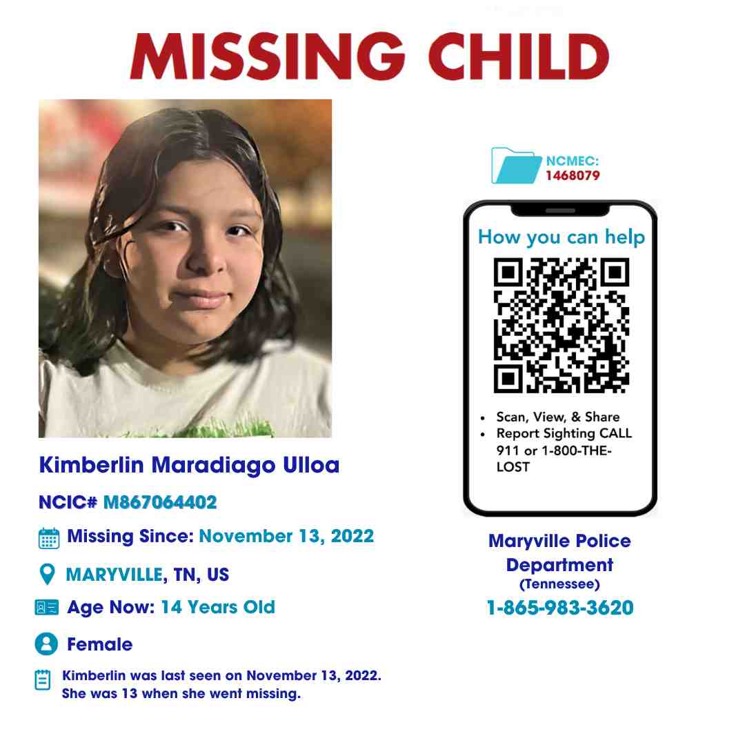 KIMBERLIN ULLOA - 14YO MISSING MARYVILLE, TN GIRL - EAST TN poster