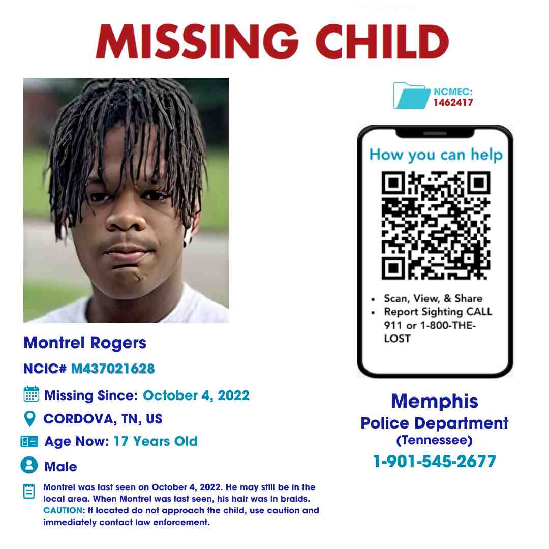 MONTREL ROGERS - 16YO MISSING CORDOVA, TN BOY - WEST TN poster