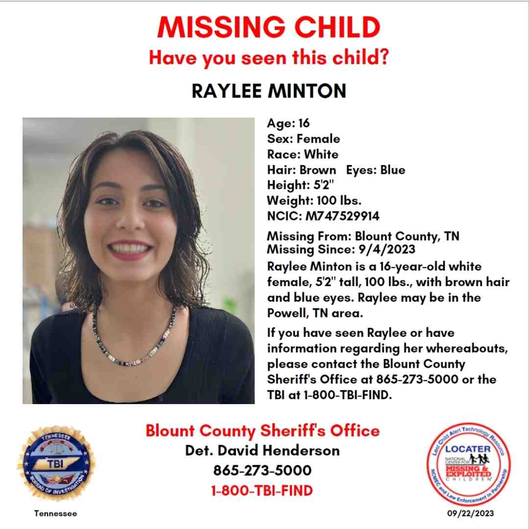 RAYLEE MINTON - 16YO MISSING BLOUNT CO, TN GIRL - EAST TN poster
