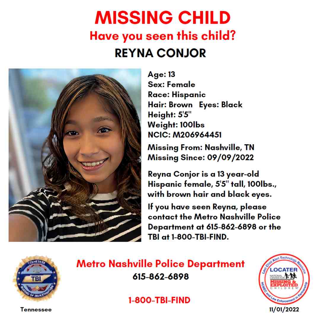 Reyna Conjor - 13YO MISSING NASHVILLE, TN GIRL - MIDDLE TN poster