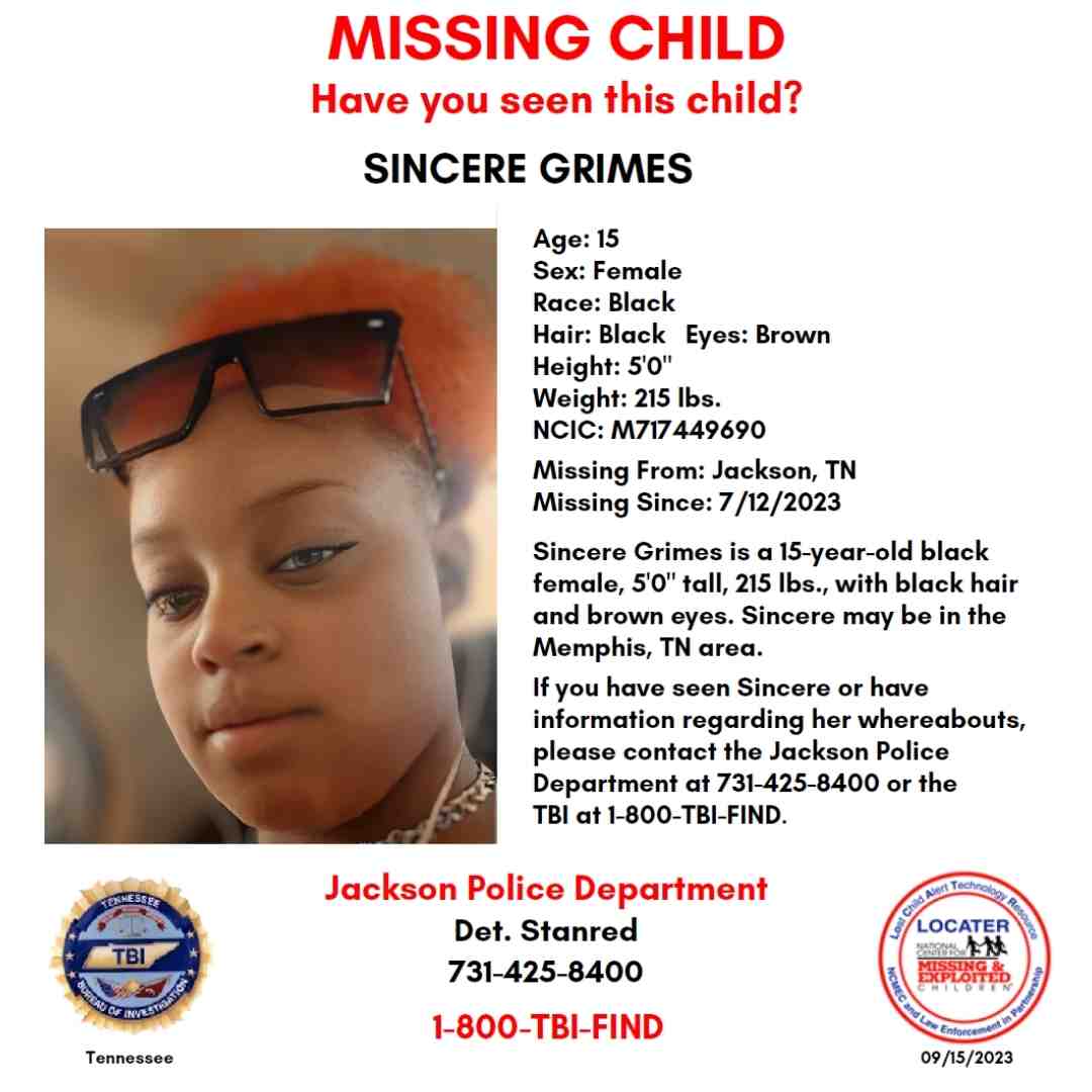 SINCERE GRIMES - 15YO MISSING JACKSON, TN GIRL - WEST TN poster