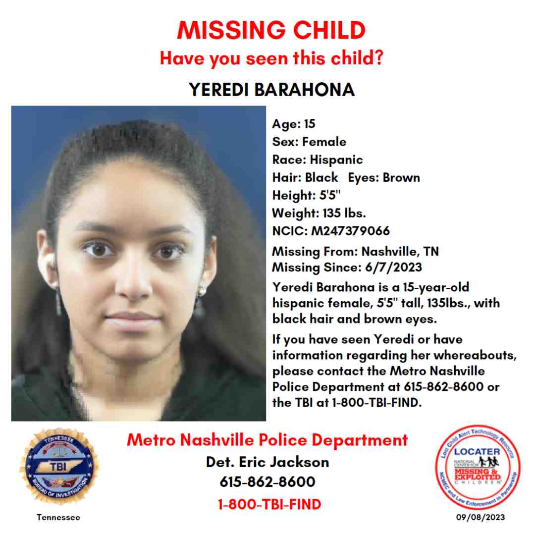 YEREDI BARAHONA - 15YO MISSING NASHVILLE, TN GIRL - MIDDLE TN poster