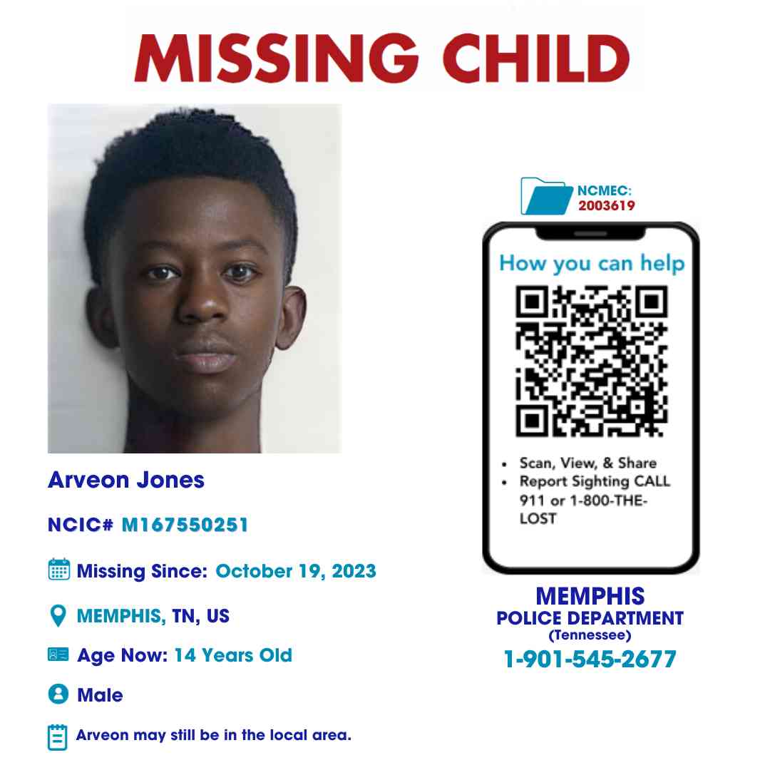 ARVEON JONES - 14YO MISSING MEMPHIS, TN BOY - WEST TN poster