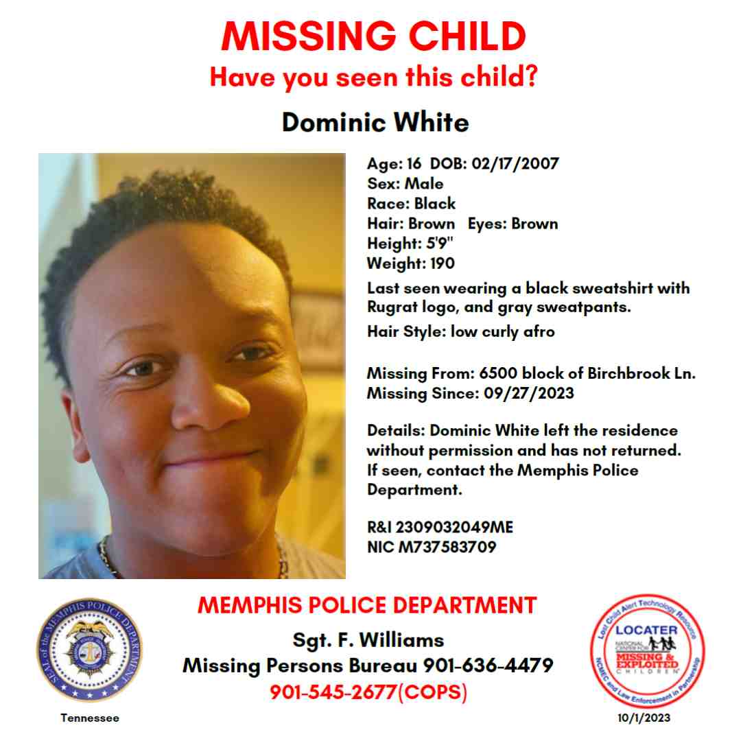 DOMINIC WHITE - 16YO MISSING MEMPHIS, TN BOY - WEST TN poster