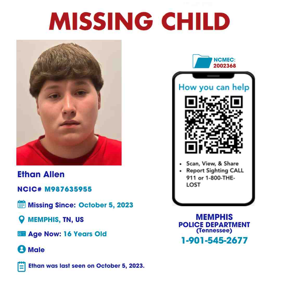 ETHAN ALLEN - 16YO MISSING MEMPHIS, TN BOY - WEST TN poster