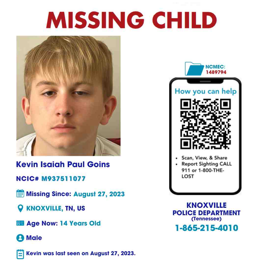 KEVIN GOINS - 14YO MISSING KNOXVILLE, TN BOY - EAST TN poster