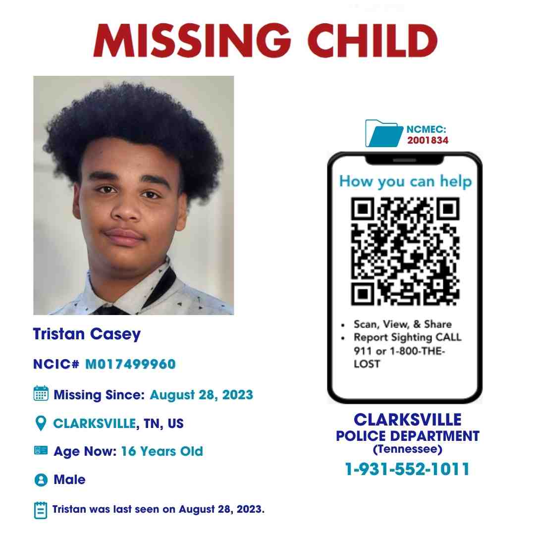 TRISTAN CASEY - 16YO MISSING CLARKSVILLE, TN BOY - MIDDLE TN poster