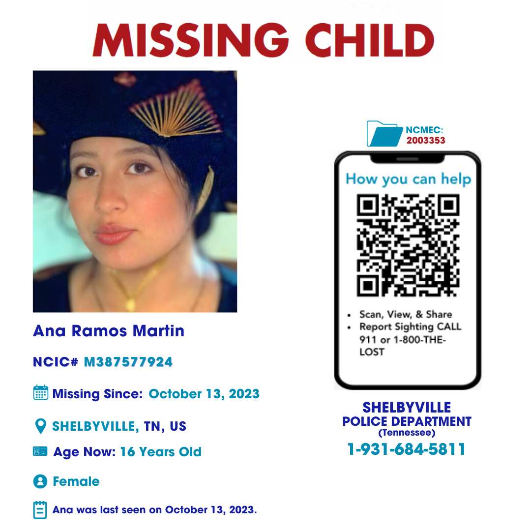 ANA RAMOS MARTIN - 16YO MISSING SHELBYVILLE, TN GIRL - MIDDLE TN poster