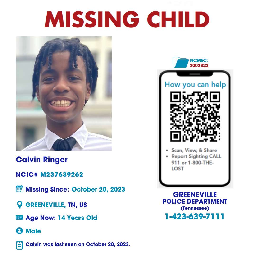 CALVIN RINGER - 14YO MISSING GREENEVILLE, TN BOY - EAST TN poster