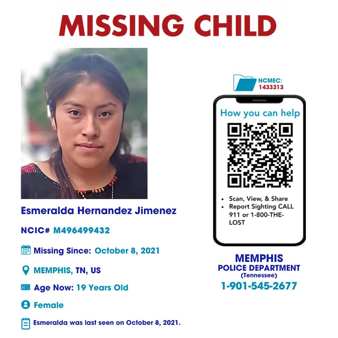 ESMERALDA HERNANDEZ JIMENEZ - 19YO MISSING MEMPHIS, TN FEMALE - WEST TN poster