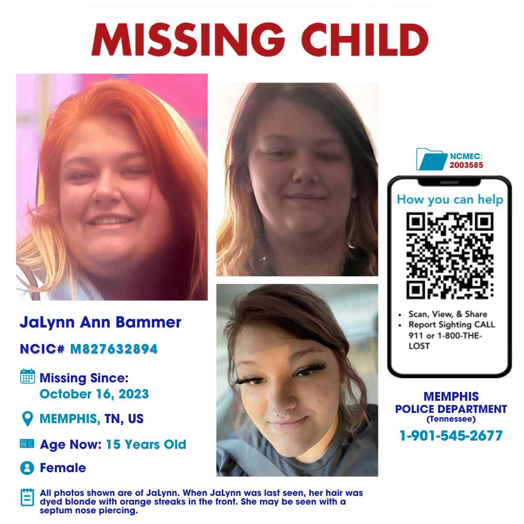 JALYNN ANN BAMMER - 15YO MISSING MEMPHIS, TN GIRL - WEST TN poster