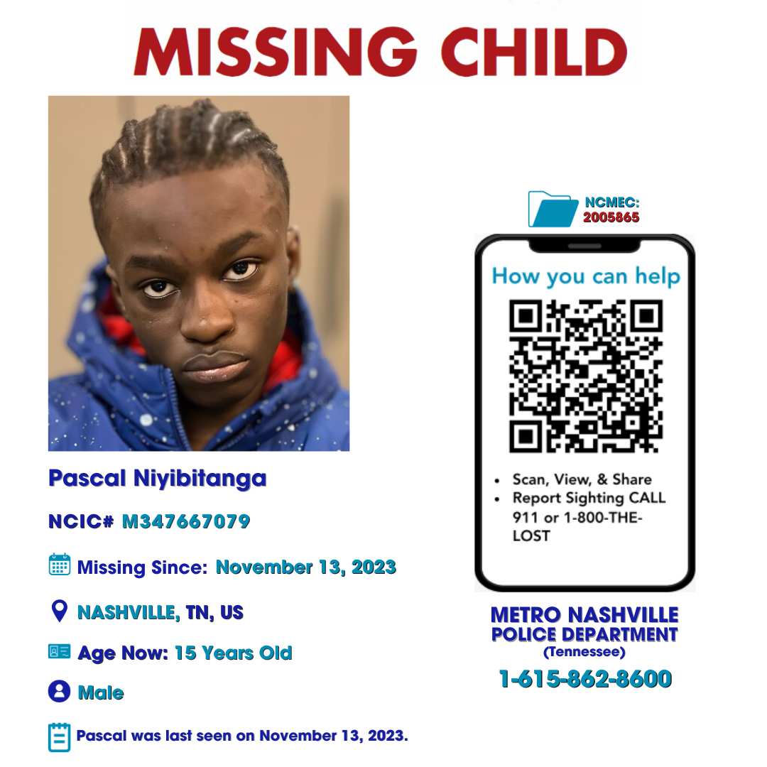 PASCAL NIYIBITANGA - 15YO MISSING NASHVILLE, TN BOY - MIDDLE TN poster