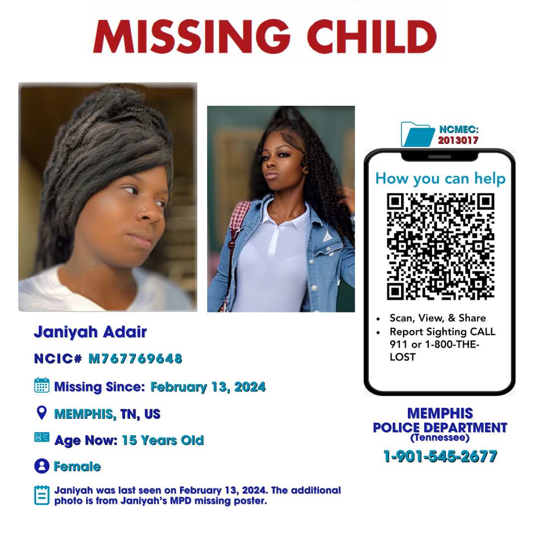 JANIYAH ADAIR - 15YO MISSING MEMPHIS, TN GIRL - WEST TN poster