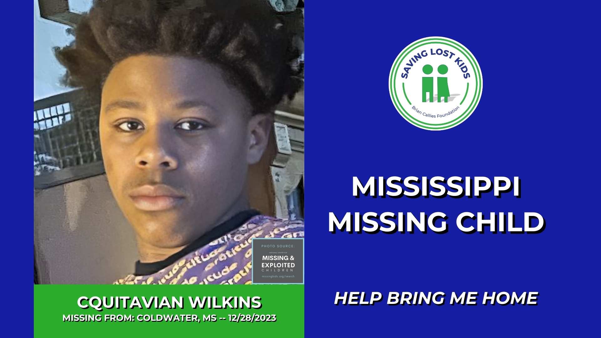 CQUITAVIAN WILKINS 13YO MISSING COLDWATER, MS BOY UPPER MS Saving