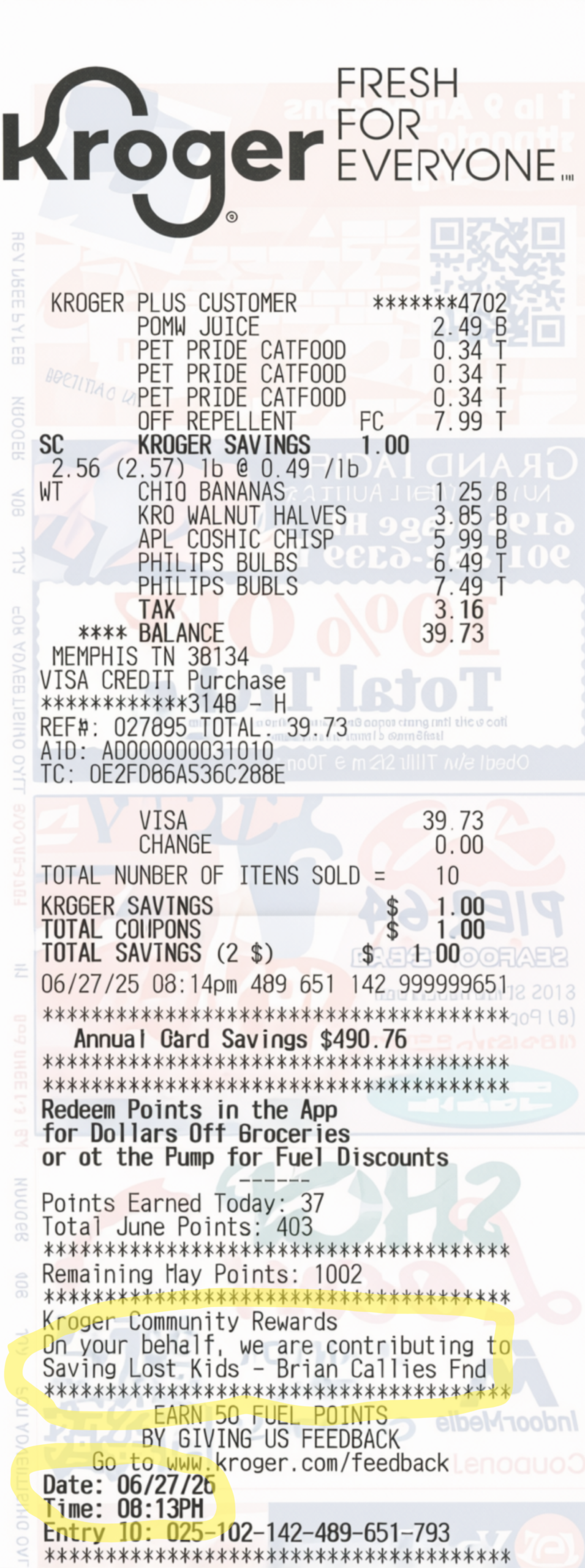 Kroger receipt with the Saving Lost Kids donation message highlighted at the bottom